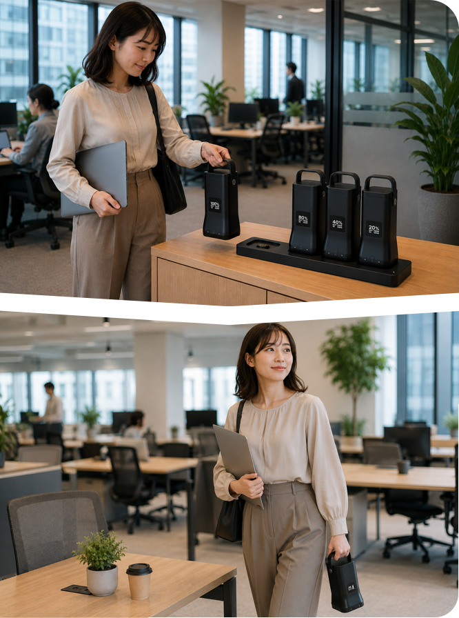 チャージステーションを使う女性のオフィスシーン